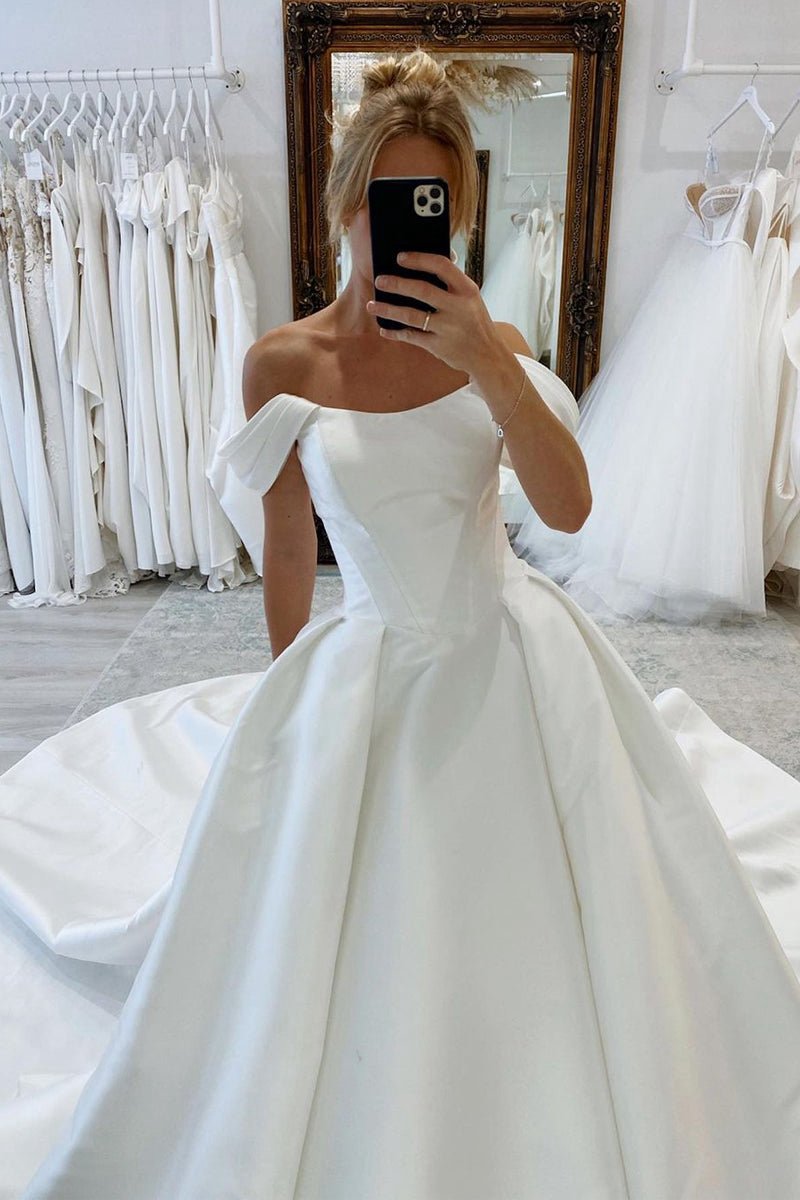 Elegant A-line Off the Shoulder Satin Wedding Dresses