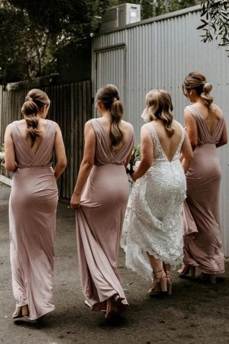 Chic V Neck Sleeveless Long Bridesmaid Dresses Simple Floor Length Bridesmaid Dresses