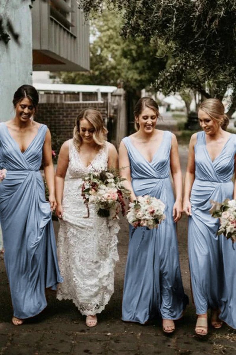Chic V Neck Sleeveless Long Bridesmaid Dresses Simple Floor Length Bridesmaid Dresses