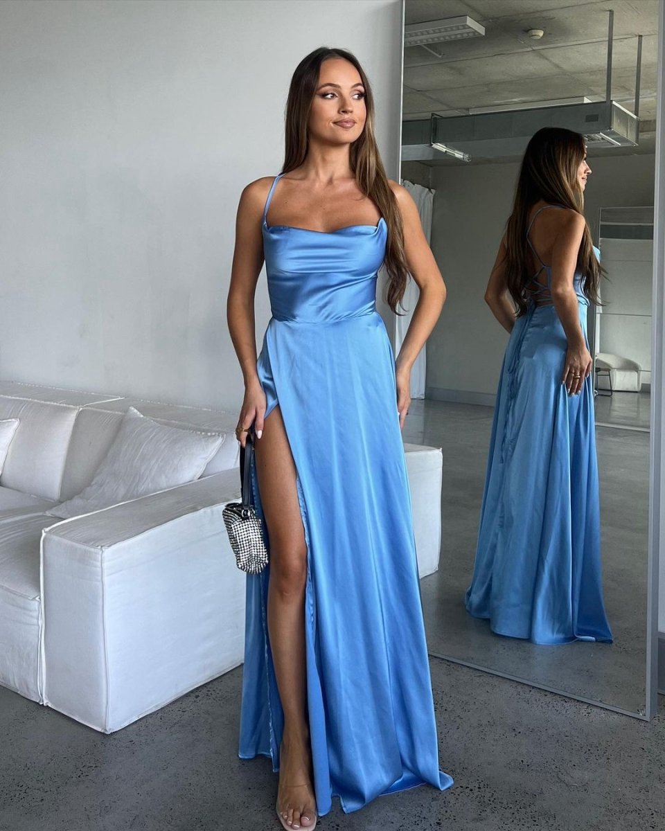 A-line Cowl Neck Silk Satin Bridesmaid Dresses with Slit