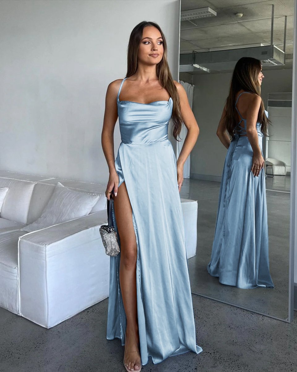 A-line Cowl Neck Silk Satin Bridesmaid Dresses with Slit