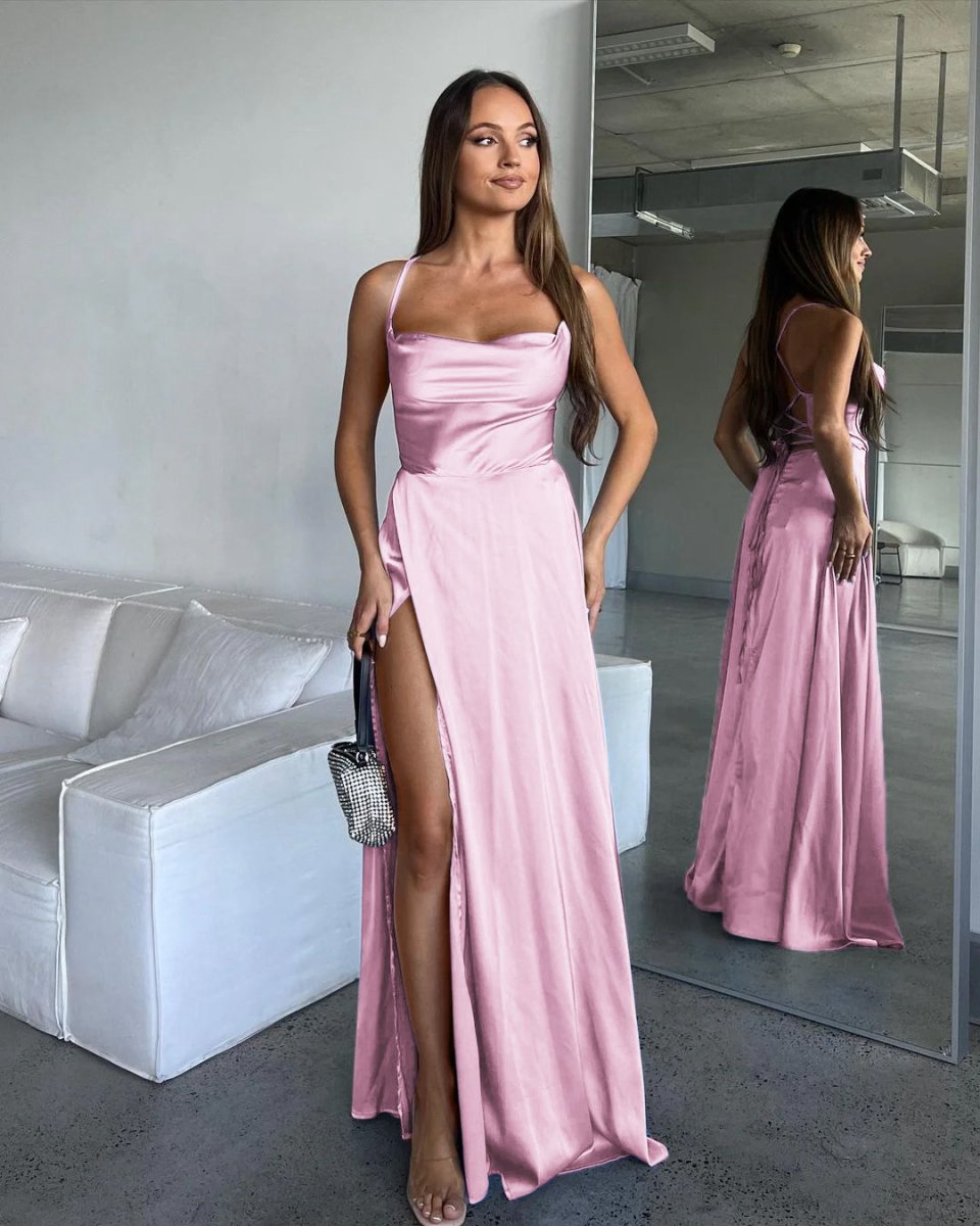 A-line Cowl Neck Silk Satin Bridesmaid Dresses with Slit