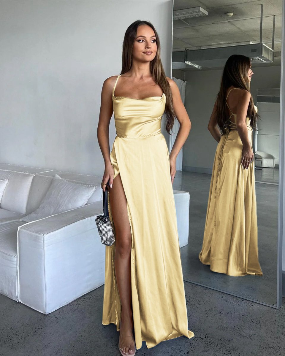A-line Cowl Neck Silk Satin Bridesmaid Dresses with Slit