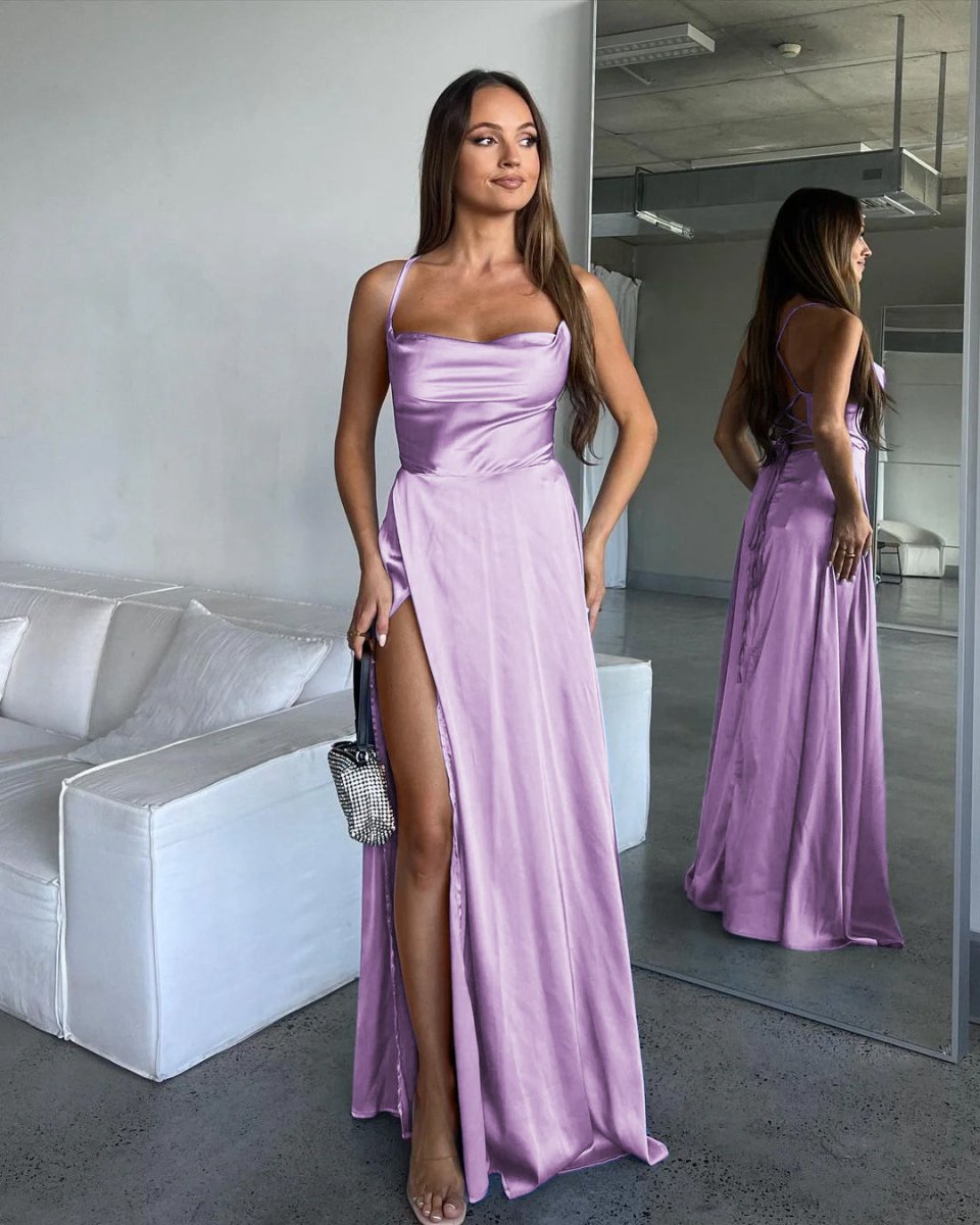 A-line Cowl Neck Silk Satin Bridesmaid Dresses with Slit
