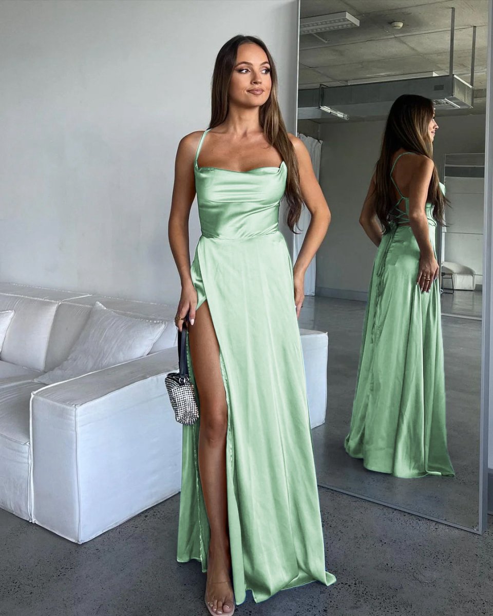 A-line Cowl Neck Silk Satin Bridesmaid Dresses with Slit