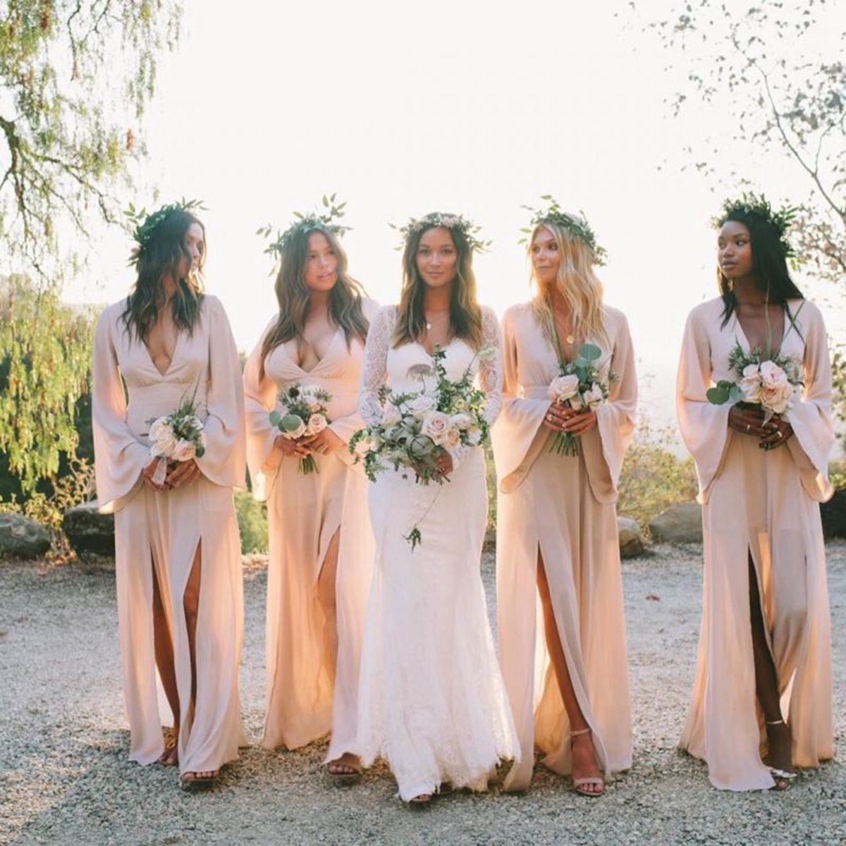 Boho A-line Deep V Neck Long Sleeves Light Bridesmaid Dresses