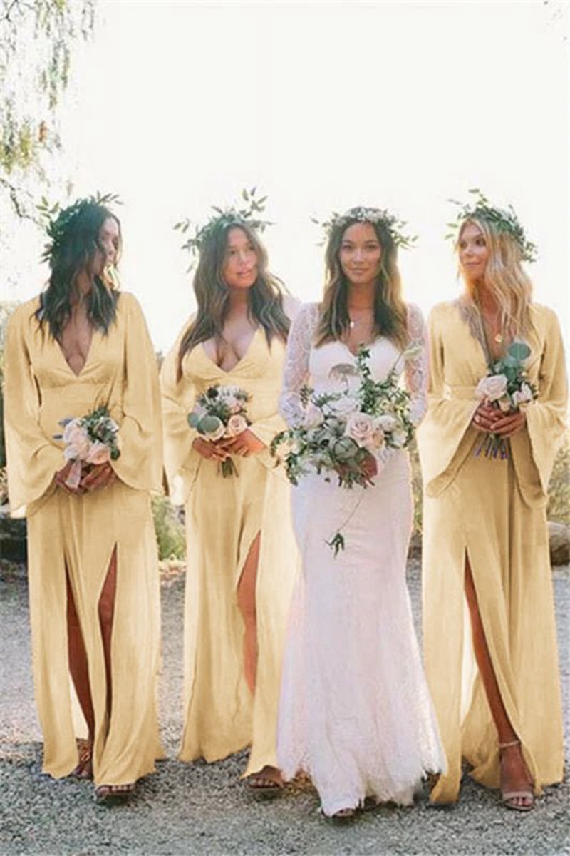 Boho A-line Deep V Neck Long Sleeves Light Bridesmaid Dresses