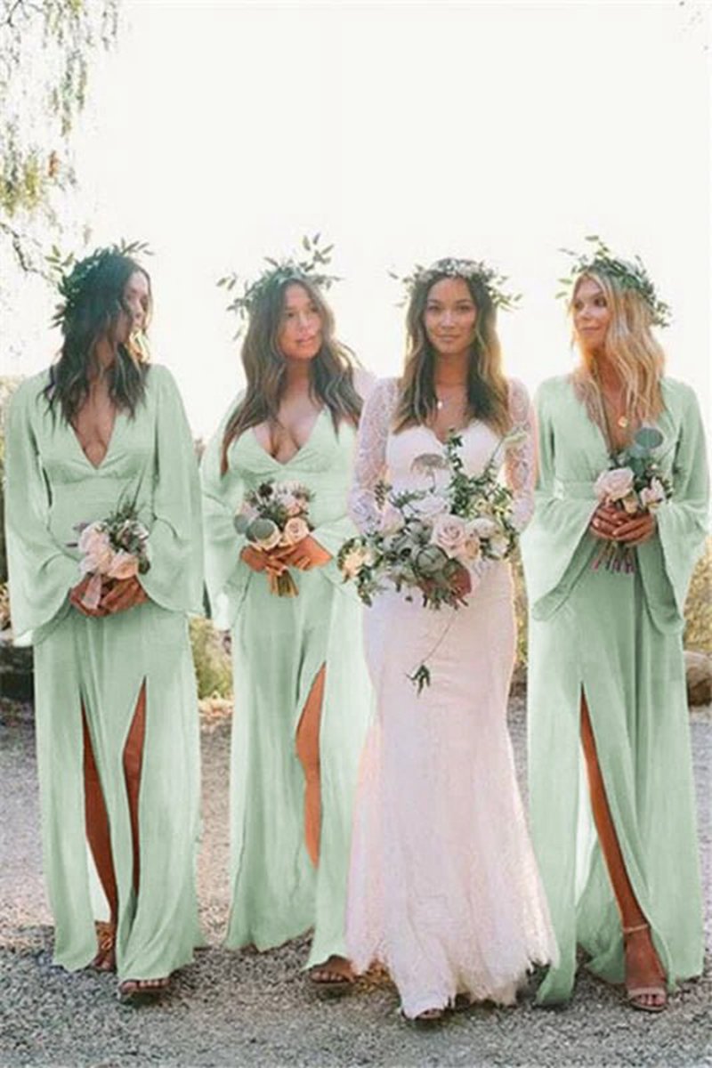 Boho A-line Deep V Neck Long Sleeves Light Bridesmaid Dresses