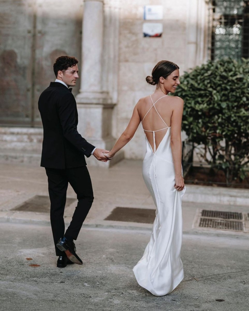 Charming Sheath Silk Satin Wedding Dresses with Slit