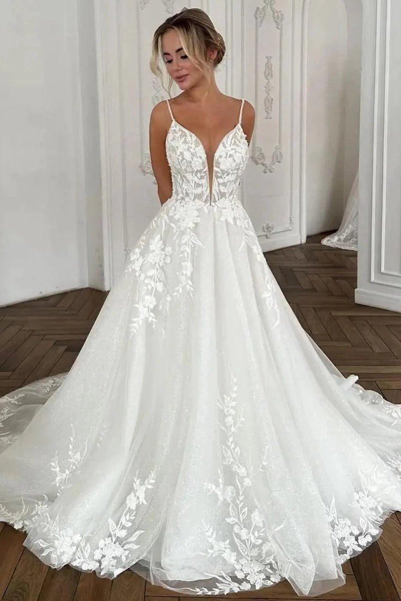 Charming A-line V Neck Tulle Long Wedding Dresses with Appliques