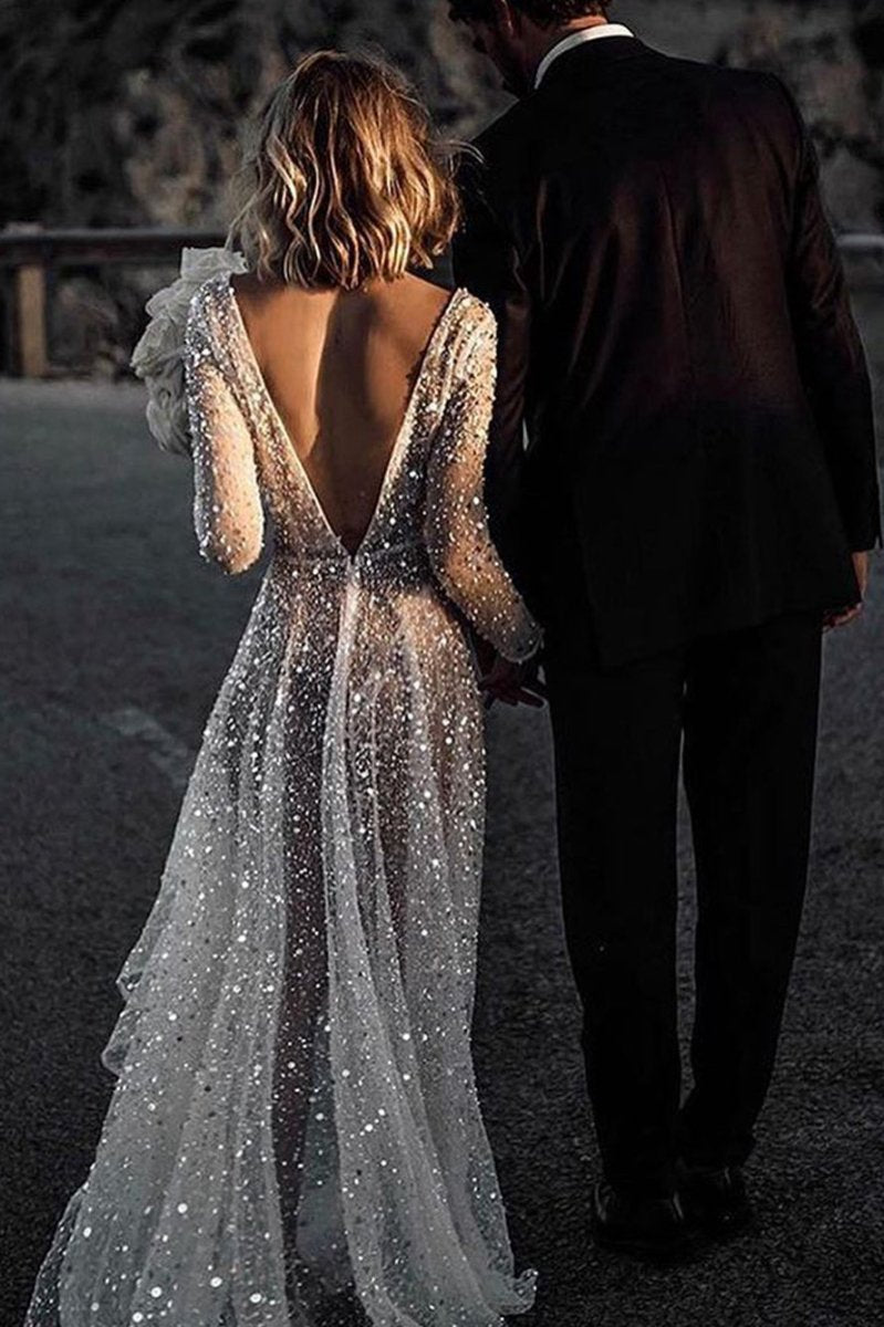Bohemian A-line Sparkly Sequined Luxury Wedding Dresses
