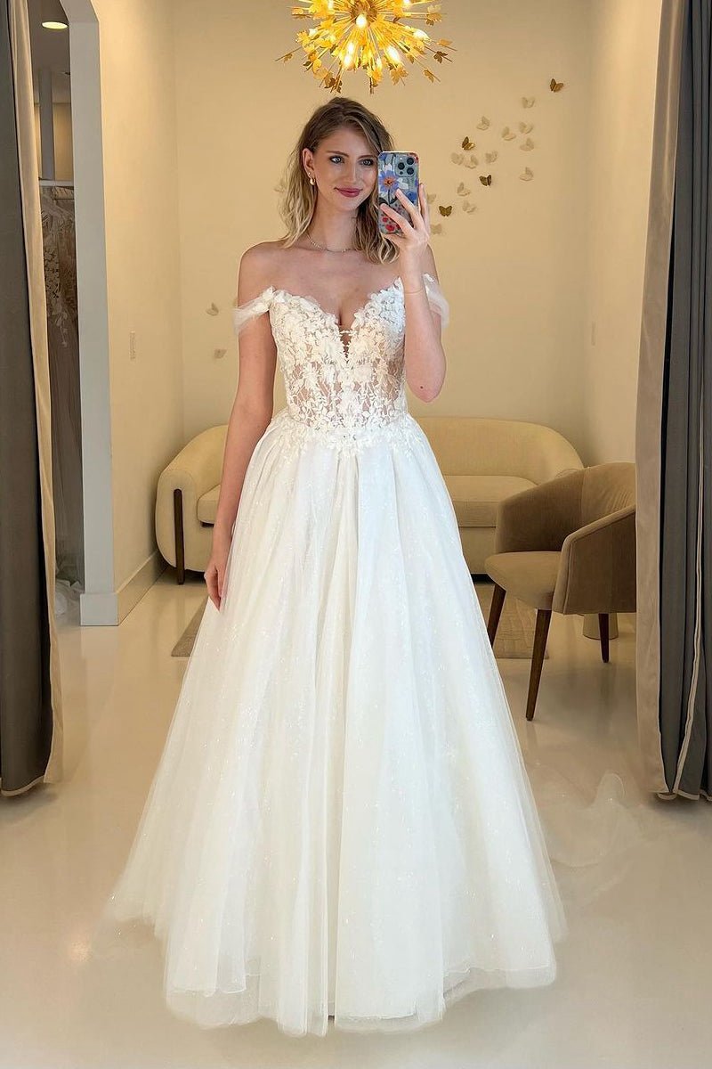 A-line Off the Shoulder Tulle Wedding Dresses with Appliques