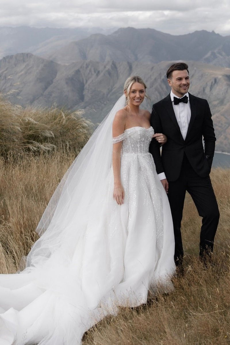 A-line Off the Shoulder Sequin Wedding Dresses
