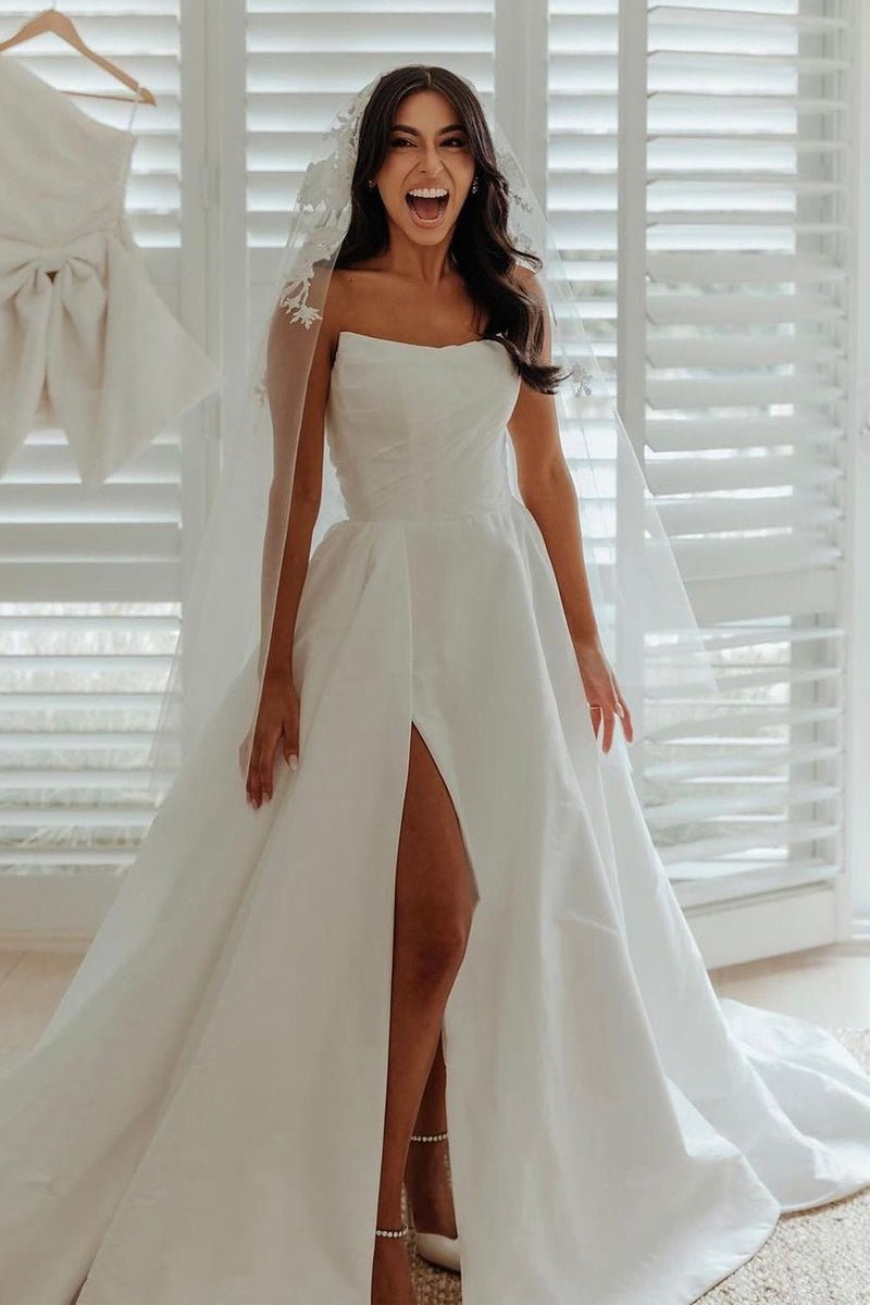 A-line Satin Strapless Wedding Dresses with Slit