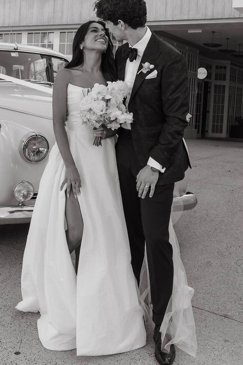 A-line Satin Strapless Wedding Dresses with Slit
