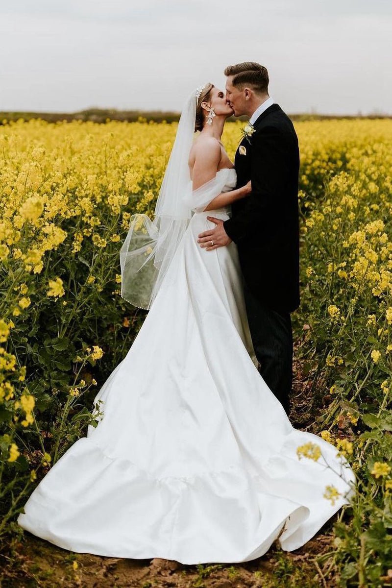 A-line Satin Off the Shoulder Wedding Dresses