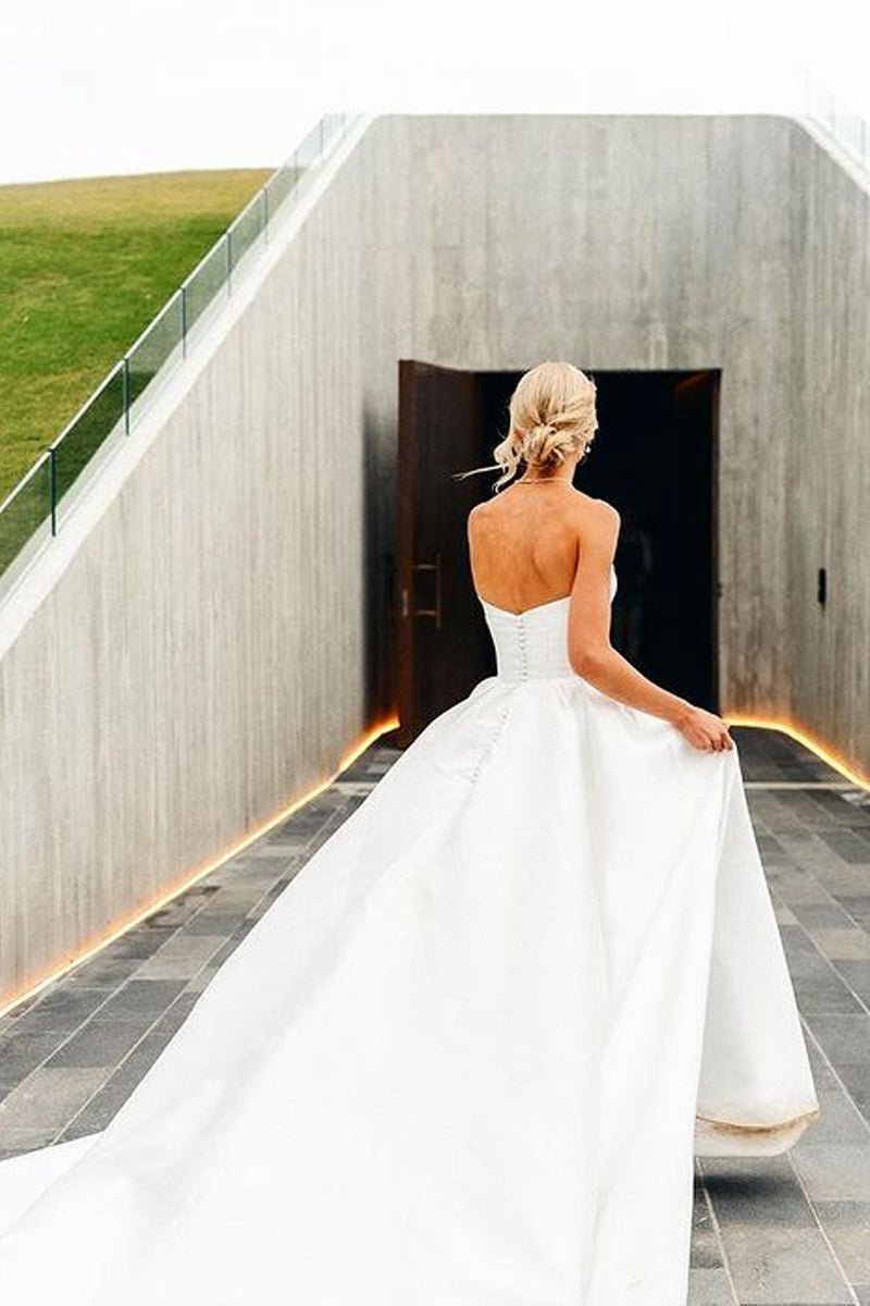 A-line V Neck Satin Wedding Dresses with Detachable Straps