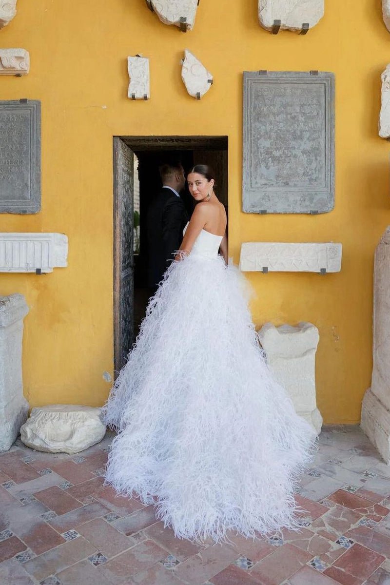 A-line Strapless Satin Wedding Dresses with Feather