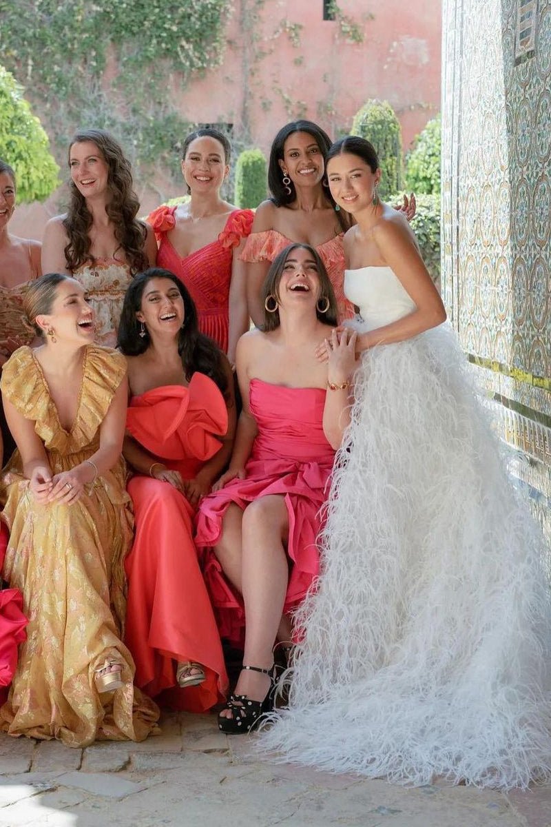 A-line Strapless Satin Wedding Dresses with Feather