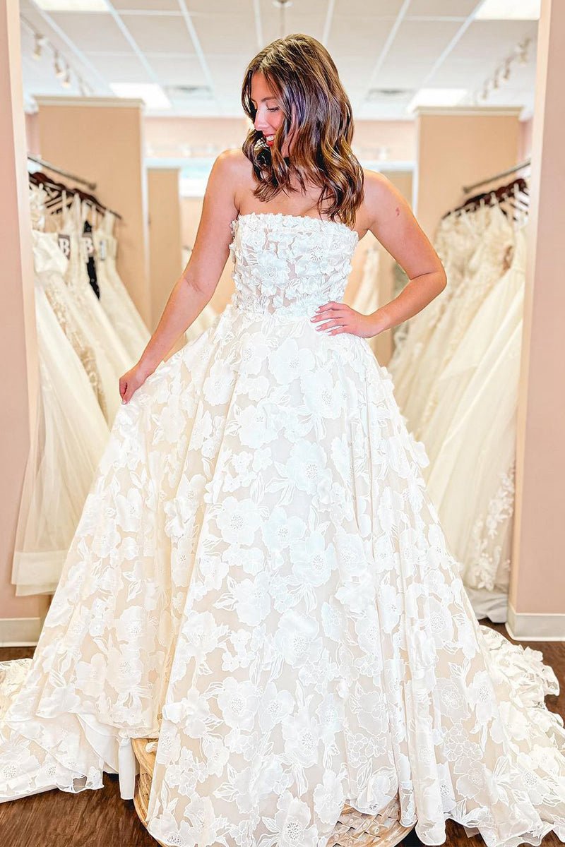 A-line Strapless Floral Lace Wedding Dresses