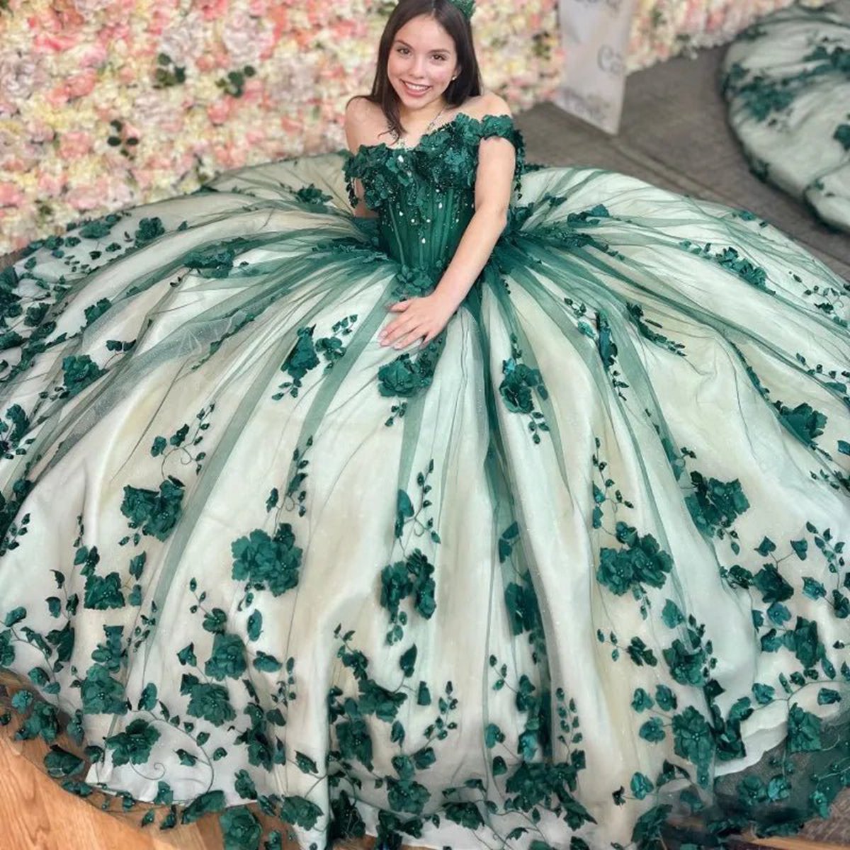 3D Flowers Off Shoulder Tulle Appliques Beaded Pageant Lace Up Quinceanera Dresses