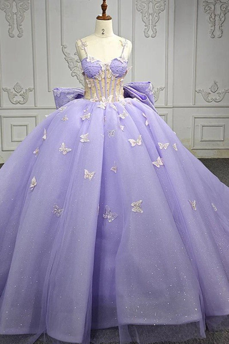 Quinceanera Dresses Exquisite Spaghetti Straps Quinceanera Dresses Sleeveless Ball Gown with Butterfly Appliques and Bowknot