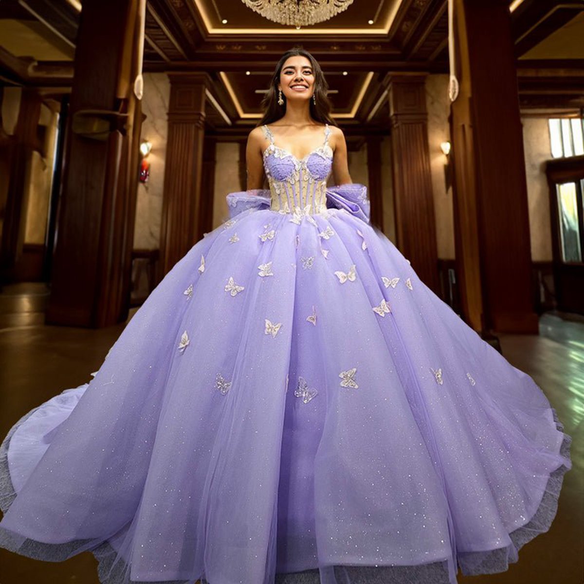 Quinceanera Dresses Exquisite Spaghetti Straps Quinceanera Dresses Sleeveless Ball Gown with Butterfly Appliques and Bowknot
