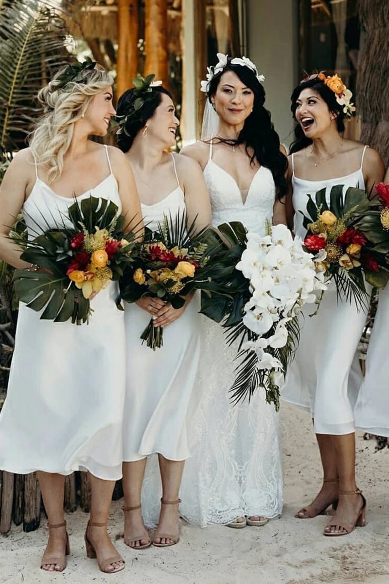 Spaghetti Straps Tea-length Chiffon Bridesmaid Dresses