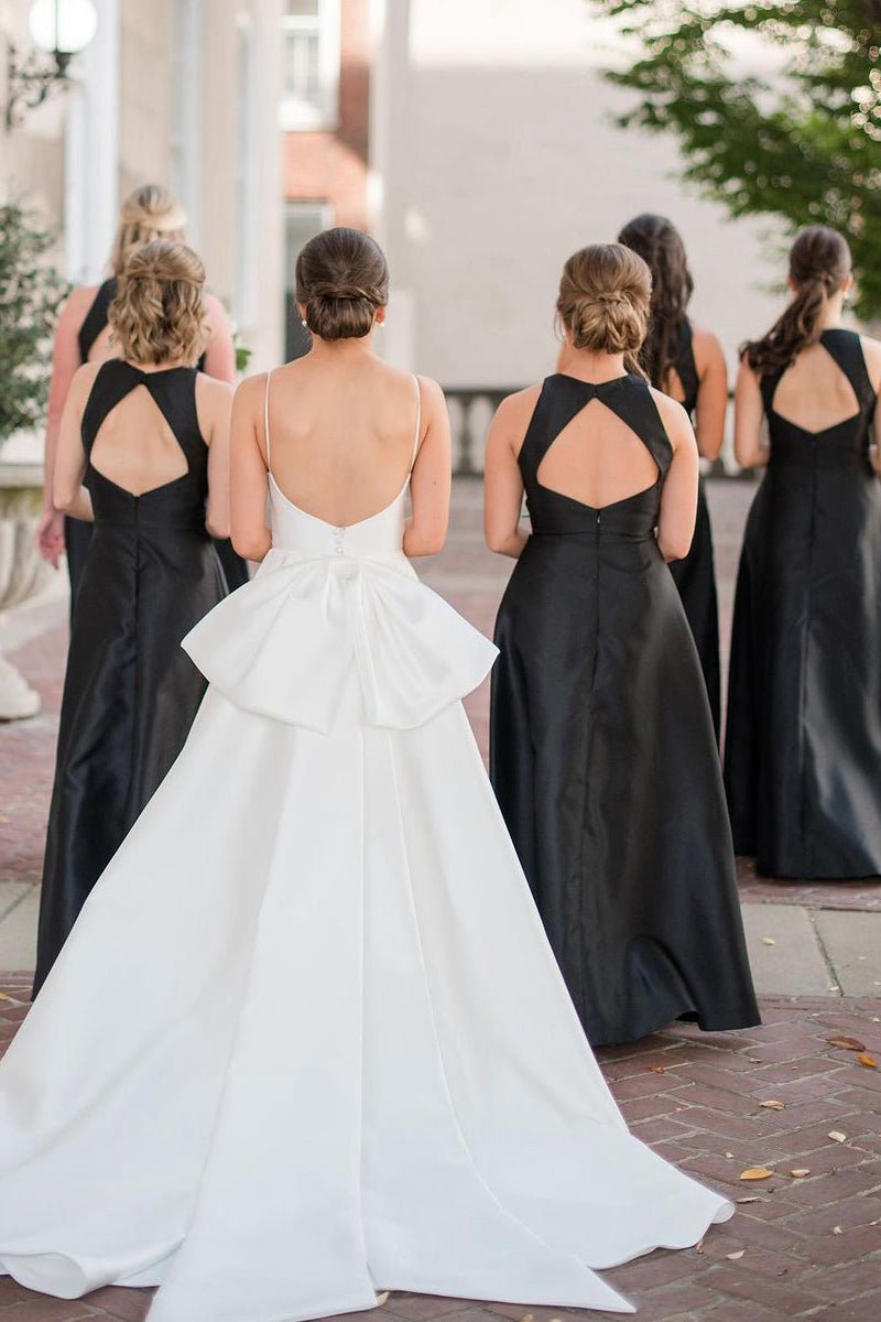 Simple A-line Round Neck Satin Long Bridesmaid Dresses