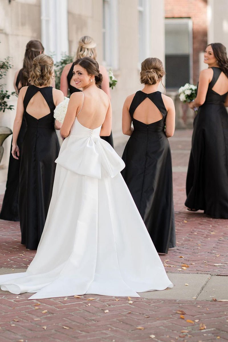 Simple A-line Round Neck Satin Long Bridesmaid Dresses