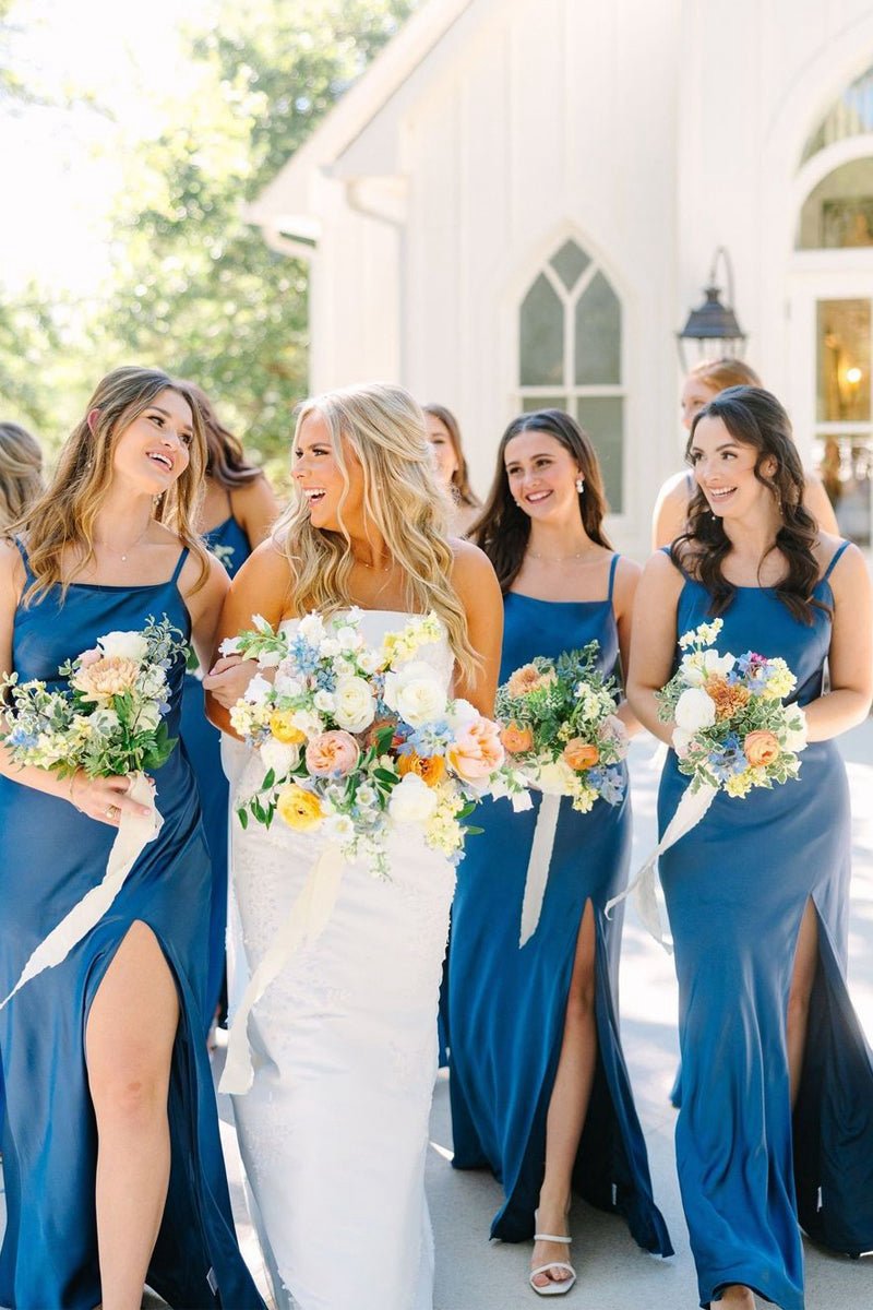 Simple Mermaid Spaghetti Straps Long Bridesmaid Dresses with Bow Back