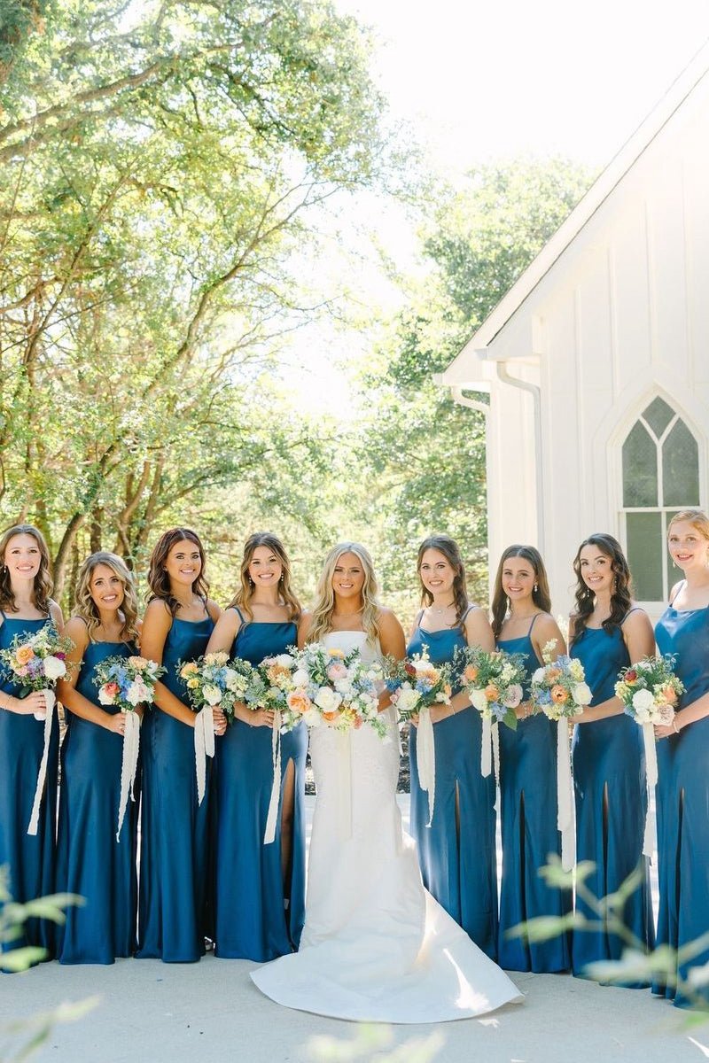 Simple Mermaid Spaghetti Straps Long Bridesmaid Dresses with Bow Back