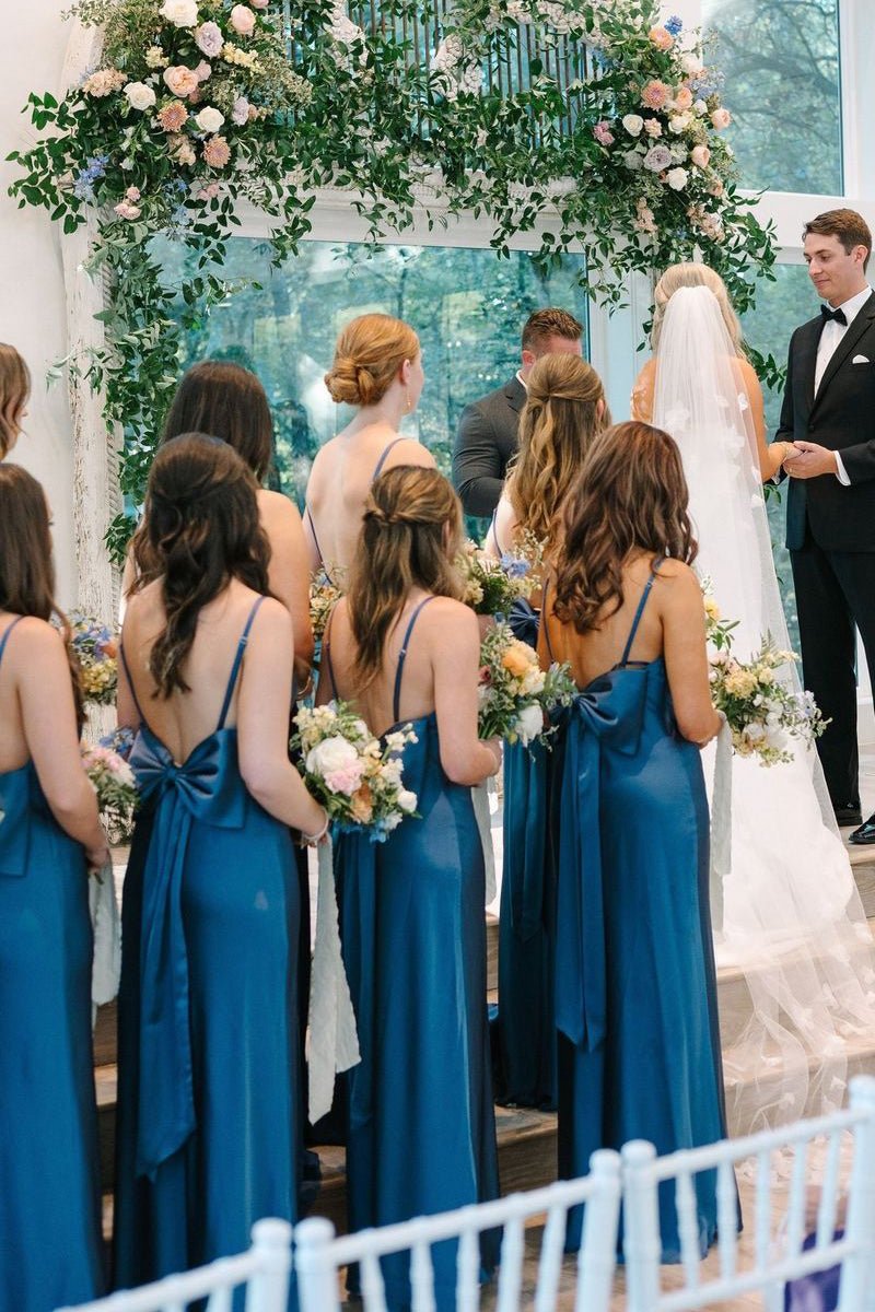 Simple Mermaid Spaghetti Straps Long Bridesmaid Dresses with Bow Back