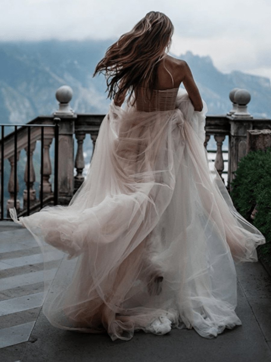 A-line Sweetheart Tulle Long Wedding Dresses