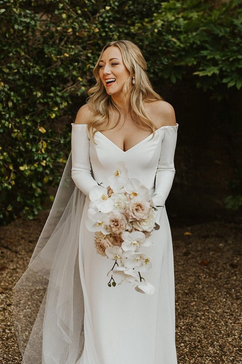 Simple A-line Off the Shoulder Long Sleeves Satin Wedding Dresses