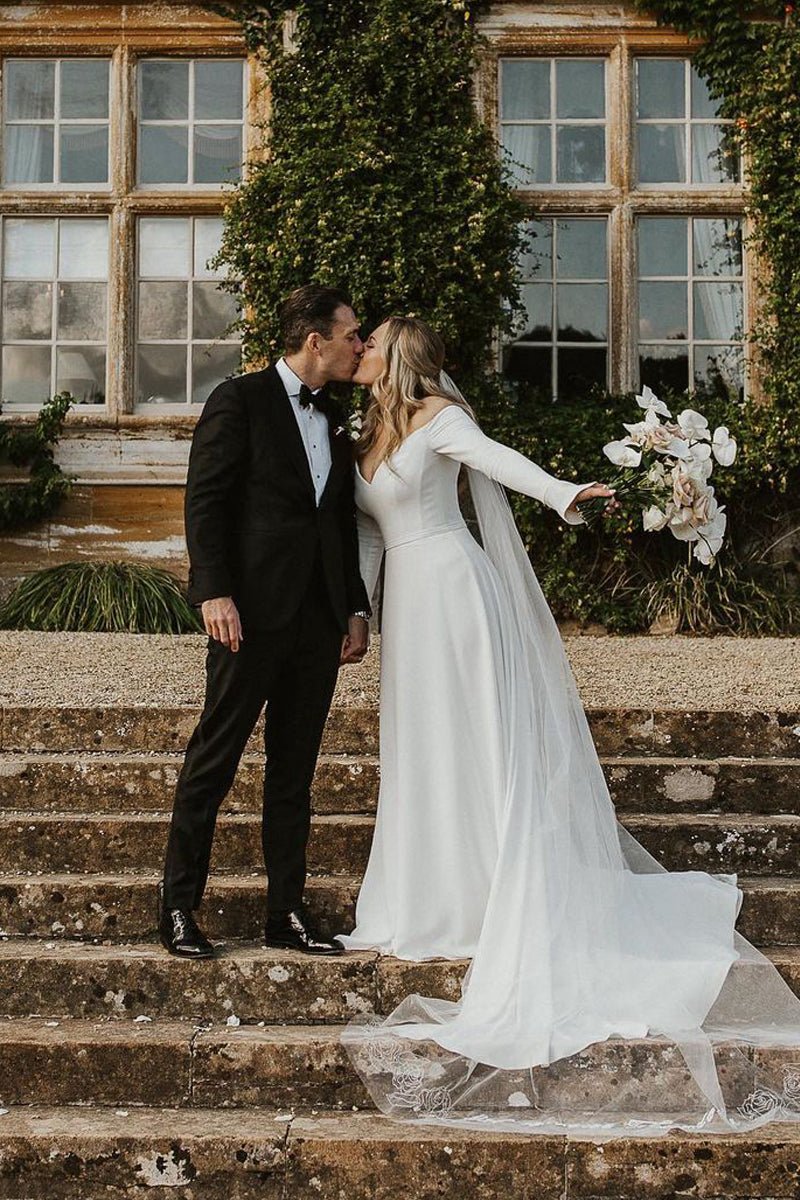 Simple A-line Off the Shoulder Long Sleeves Satin Wedding Dresses