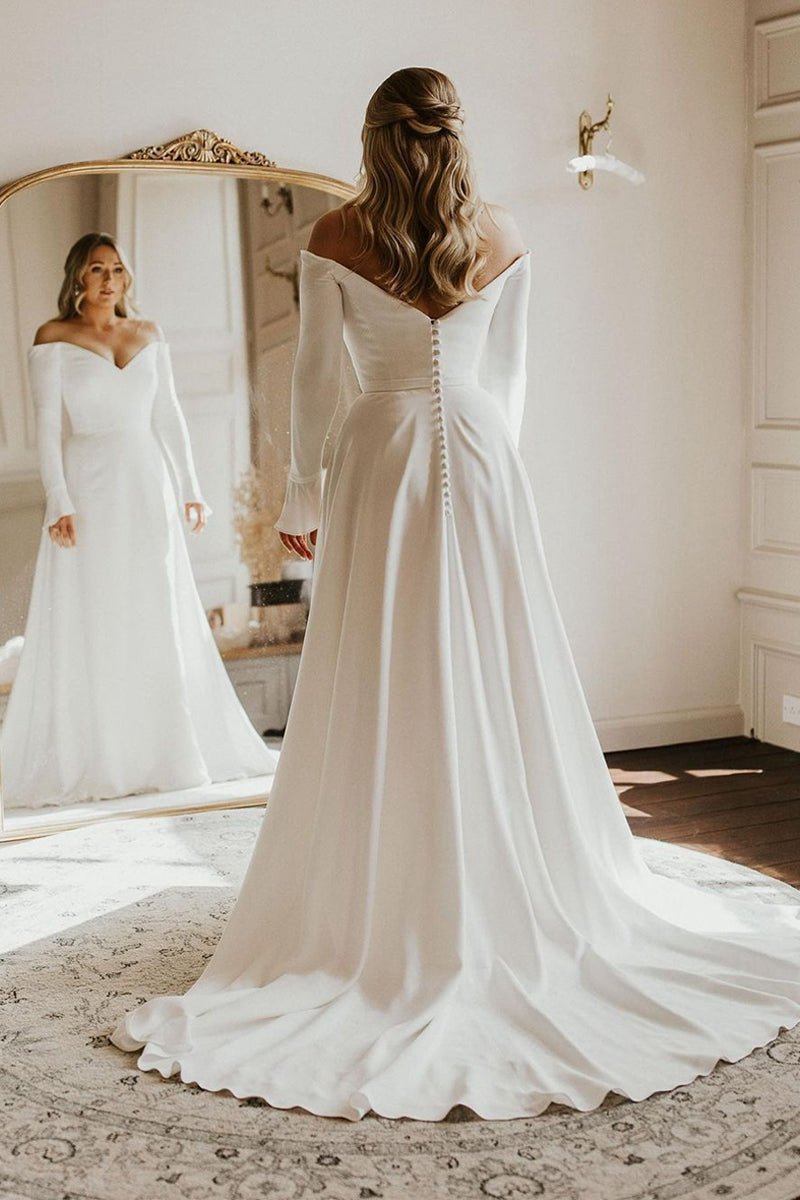 Simple A-line Off the Shoulder Long Sleeves Satin Wedding Dresses