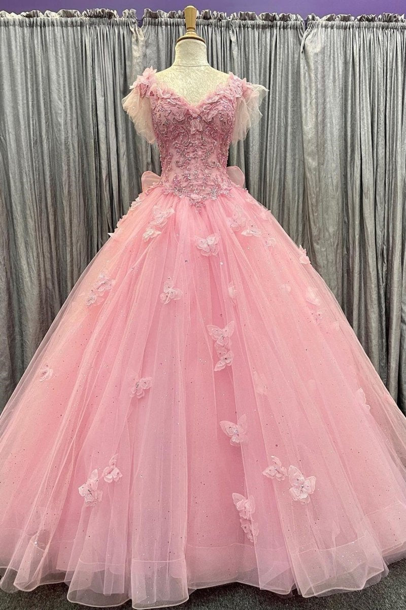 Tulle 3D Floral Lace Bow-Back Quinceanera Dresses with Flutter Sleeves