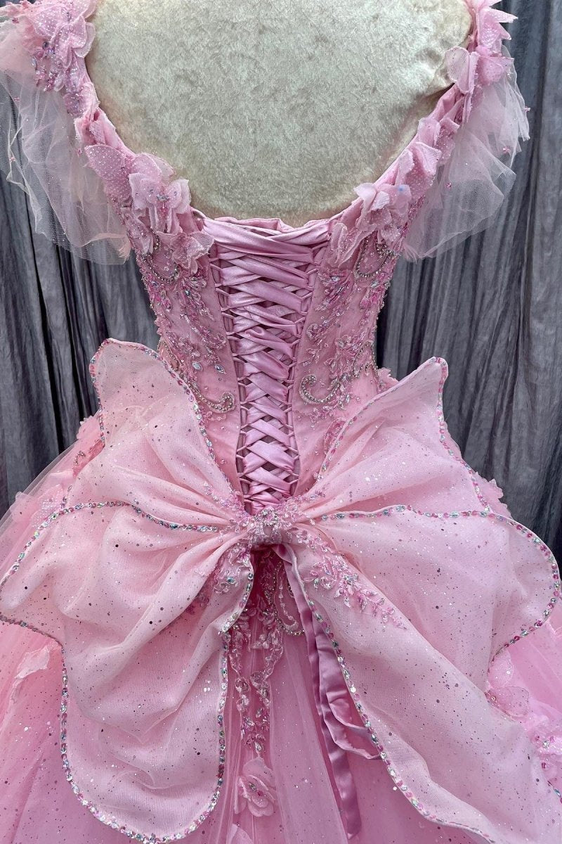 Tulle 3D Floral Lace Bow-Back Quinceanera Dresses with Flutter Sleeves