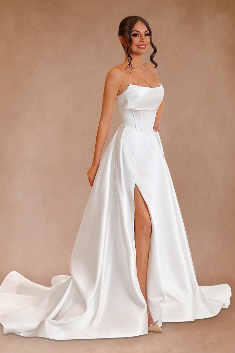 A-line Strapless Satin Wedding Dresses with Slit