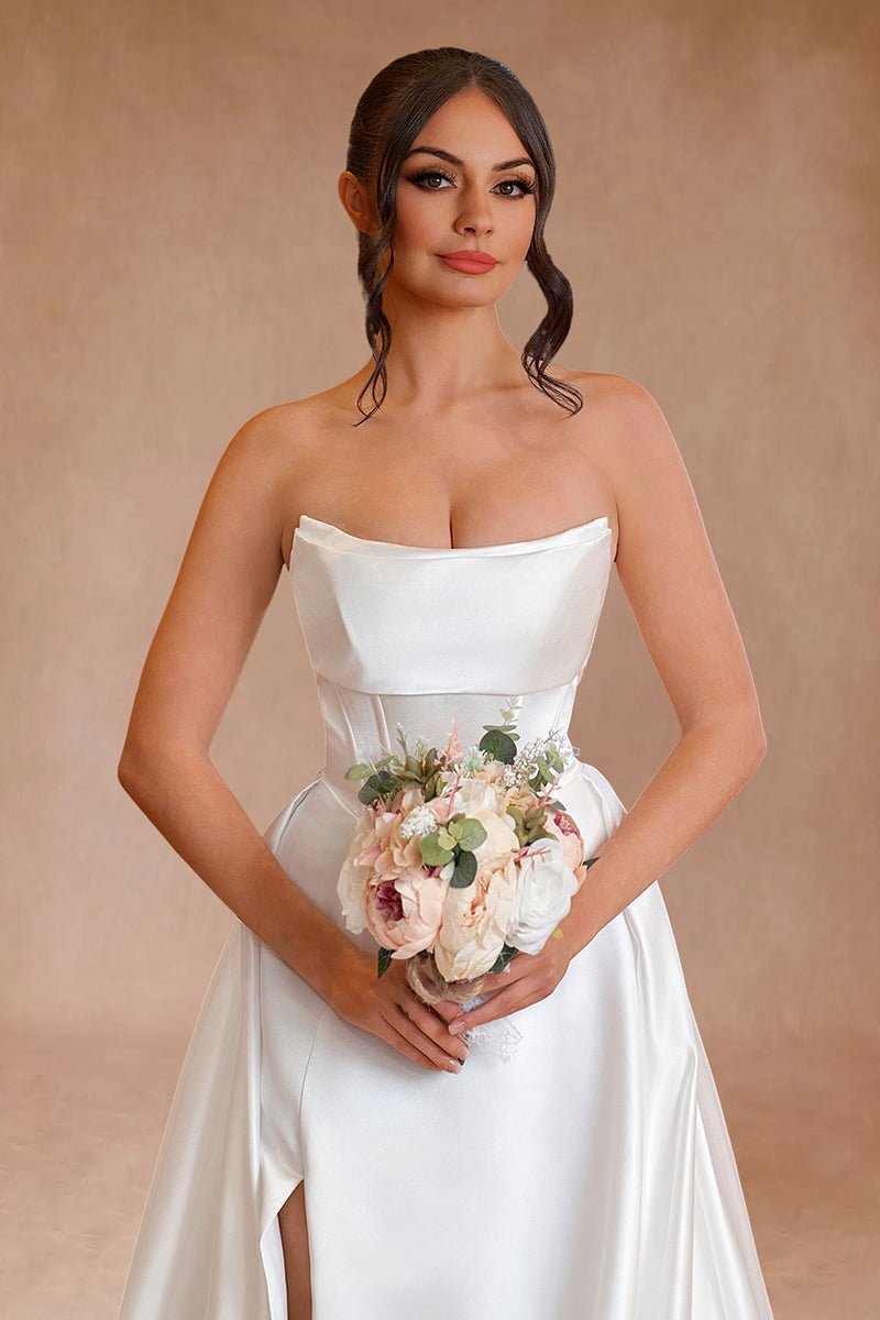 A-line Strapless Satin Wedding Dresses with Slit
