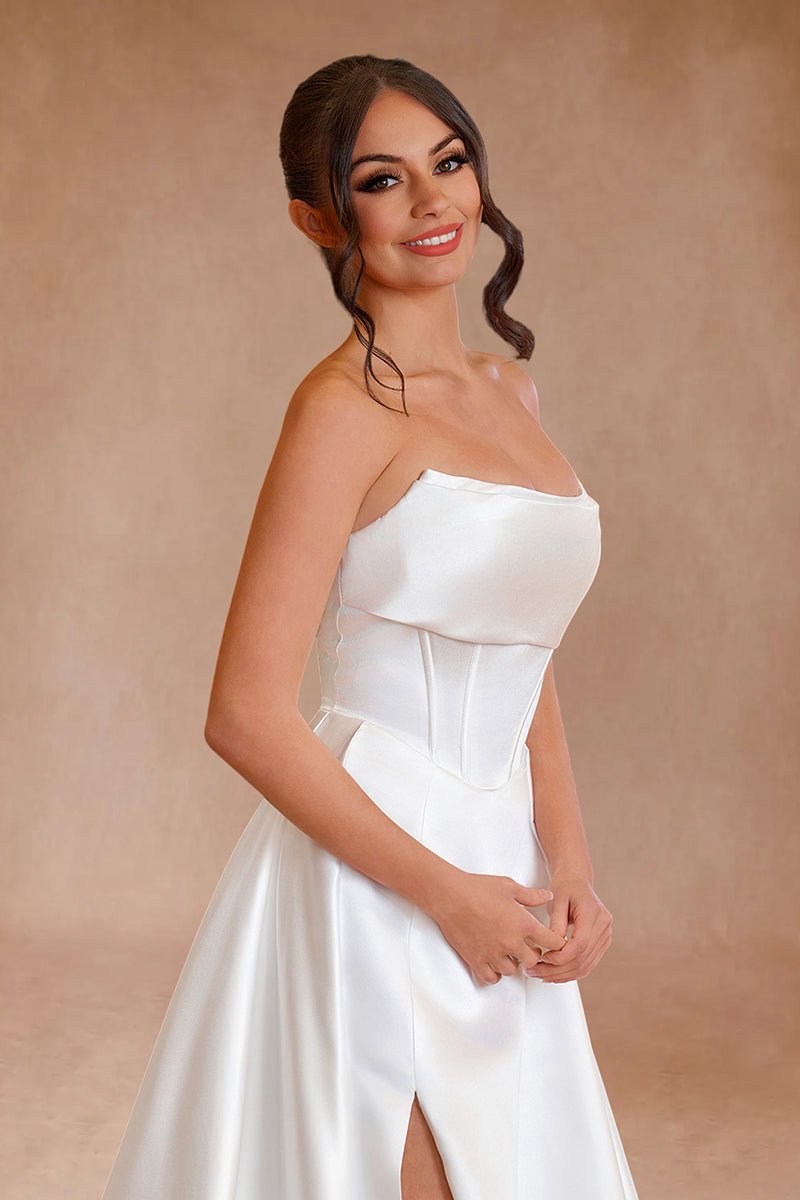 A-line Strapless Satin Wedding Dresses with Slit