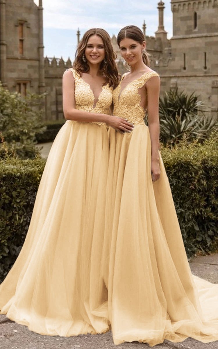 Lace V Neck Bridesmaid Dresses Illusion Back Tulle Dresses