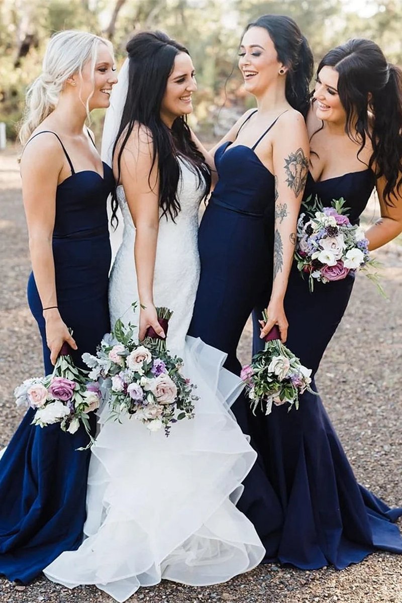 Navy Spaghetti Straps Mermaid Long Bridesmaid Dresses
