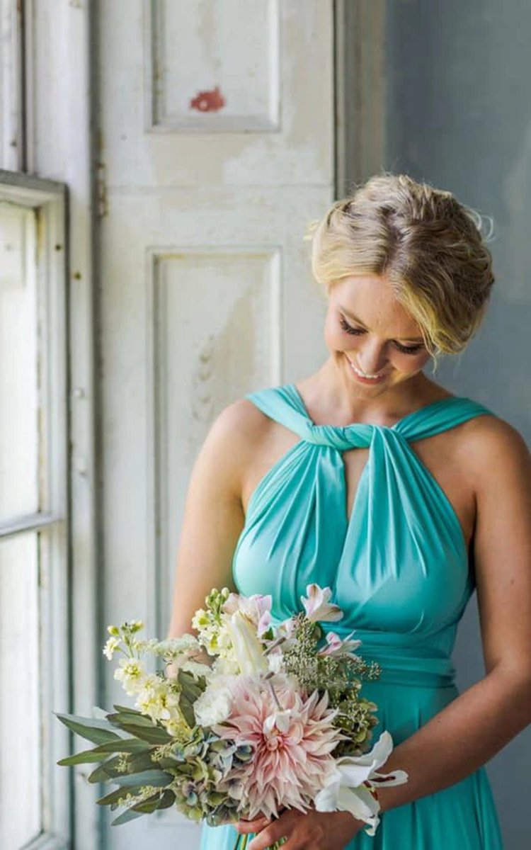 A-line Halter Neck Jersey Bridesmaid Dresses with Half Sleeves And Straps Back