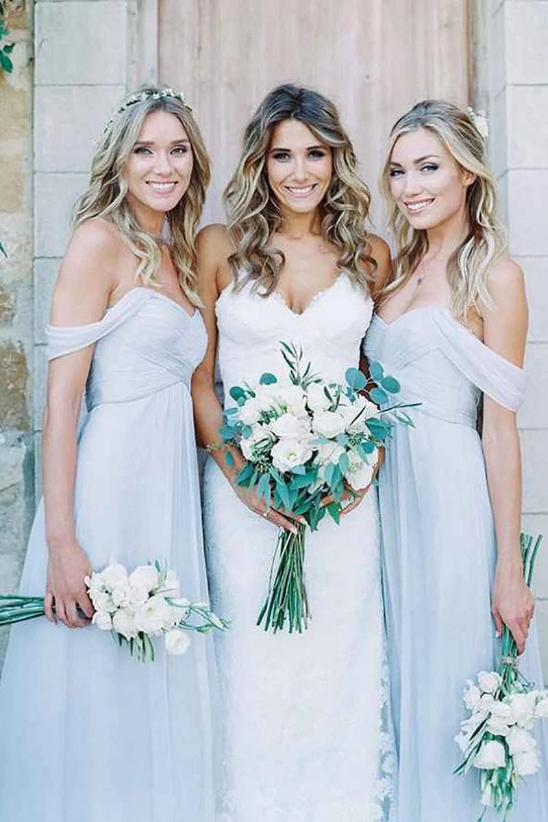 A-line Off the Shoulder Long Chiffon Boho Bridesmaid Dresses