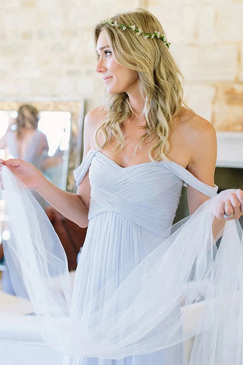 A-line Off the Shoulder Long Chiffon Boho Bridesmaid Dresses