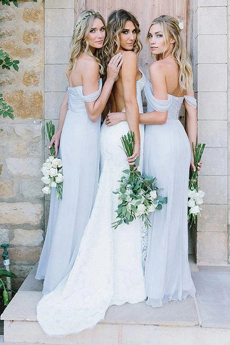 A-line Off the Shoulder Long Chiffon Boho Bridesmaid Dresses