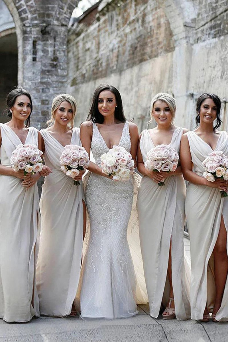 Sheath Chiffon Ruched Long Bridesmaid Dresses with Slit