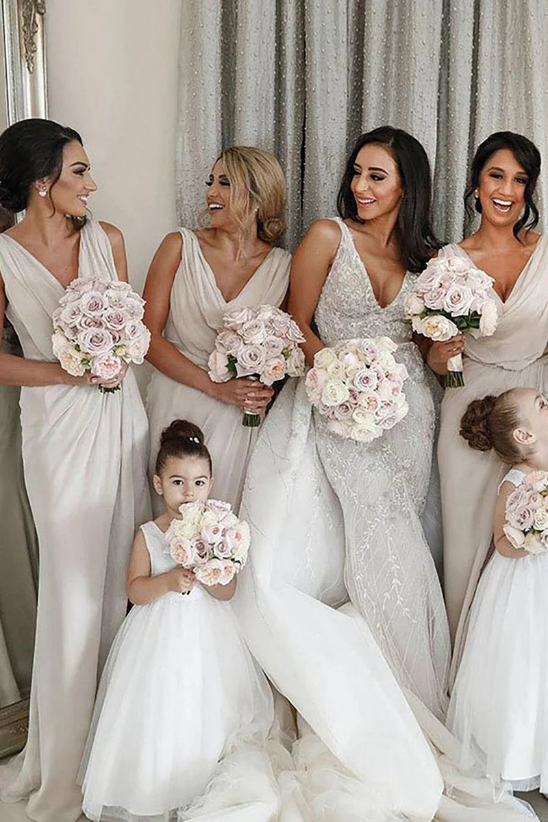 Sheath Chiffon Ruched Long Bridesmaid Dresses with Slit
